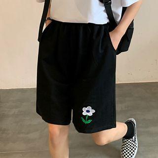 Flower Embroidered Wide-leg Shorts