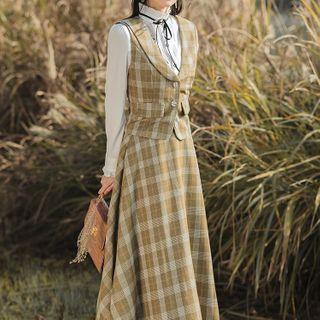 Set: Mock-neck Blouse + Plaid Vest + Midi A-line Skirt