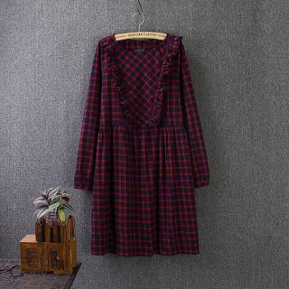 Frill Trim Plaid Long Sleeve Dress