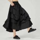 Plain Layered Midi A-line Skirt Black - One Size