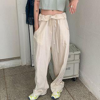 Plain Elastic-waist Ruffle Trim Wide Leg Pants