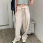 Plain Elastic-waist Ruffle Trim Wide Leg Pants