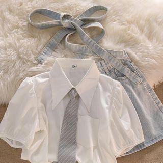 Short-sleeve Pocket Detail Shirt / Striped Tie / Strappy Denim Mini Overall Dress / Set