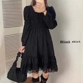 Puff-sleeve Shirred A-line Dress Black - One Size