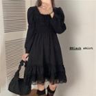 Puff-sleeve Shirred A-line Dress Black - One Size