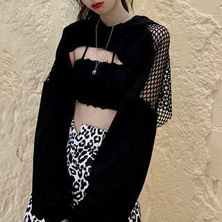 Long-sleeve Mesh Overlay Cropped T-shirt