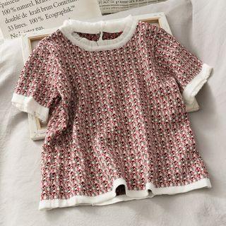 Fringed-trim Short-sleeve Knit Top White - One Size