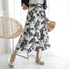 Floral Long Surplice-wrap Skirt Black - One Size