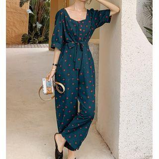 Short-sleeve Tie-waist Dotted Jumpsuit