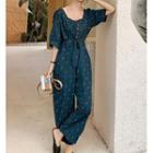 Short-sleeve Tie-waist Dotted Jumpsuit