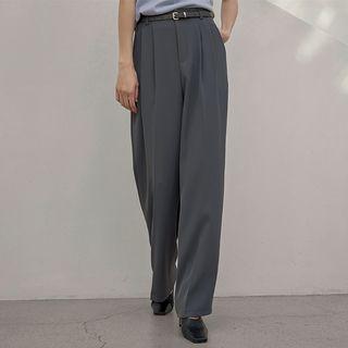 Belted Pintuck Wide-leg Dress Pants