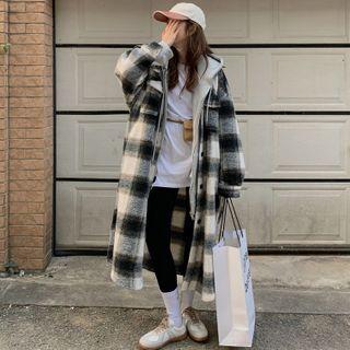 Plaid Loose-fit Long Wool Jacket As Figure - One Size