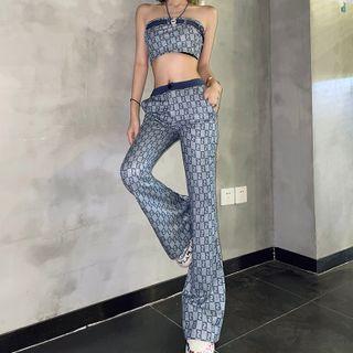 Strapless Patterned Crop Top / Boot-cut Pants