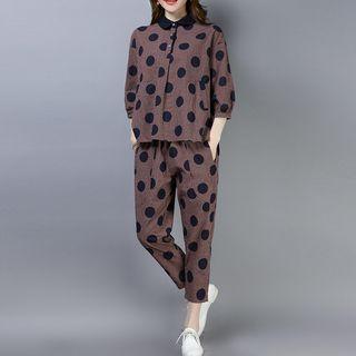 Set: Dotted 3/4-sleeve Placket Top + Cropped Pants