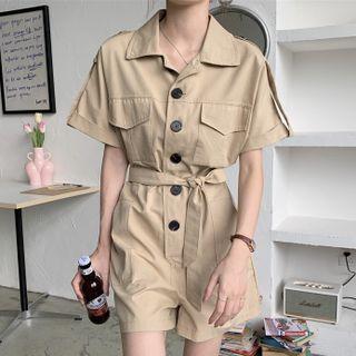 Short-sleeve Collared Tie-waist Romper
