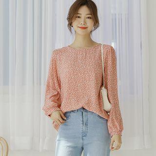 Balloon-sleeve Silky Floral Blouse