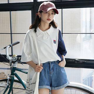 Color Block Elbow-sleeve Polo Shirt As Shown In Figure - One Size