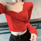 Long-sleeve Velvet Crop Top Red - One Size