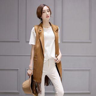 Fringed Hem Plain Long Vest