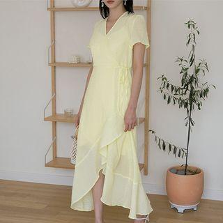 Ruffle-hem Crinkled Maxi Wrap Dress
