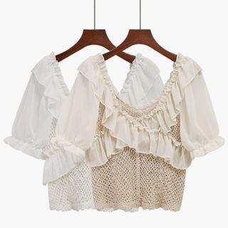 V-neck Ruffle Knit Puff-sleeve Top
