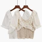 V-neck Ruffle Knit Puff-sleeve Top