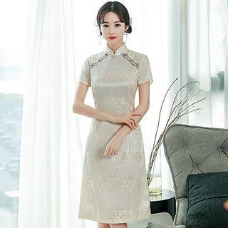 Short-sleeve Floral Jacquard A-line Lace Dress
