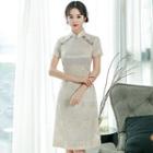 Short-sleeve Floral Jacquard A-line Lace Dress