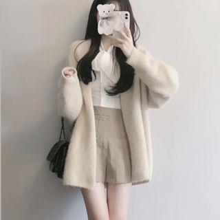 Long Cardigan / Tie Neck Blouse / Pleated Skirt / Set