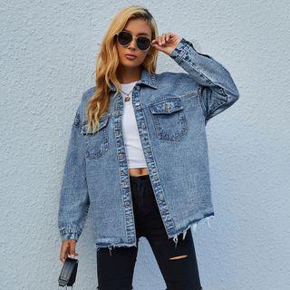 Distressed Trim Pocketed Denim Jacket