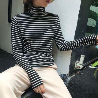 Striped Turtleneck Long-sleeve T-shirt White Stripes - Black - One Size
