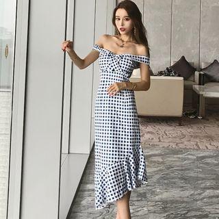 Check Off-shoulder Asymmetric Midi Dress