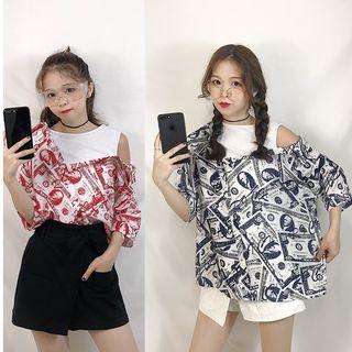 Mock Two-piece Printed Elbow-sleeve Top / High Waist Skort