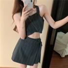 Sleeveless Halter Cropped Top / High-waist Asymmetric Striped Skirt