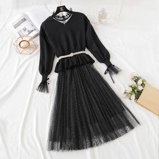 Set: Balloon-sleeve Peplum Sweater + Long-sleeve Midi Dotted Mesh Dress