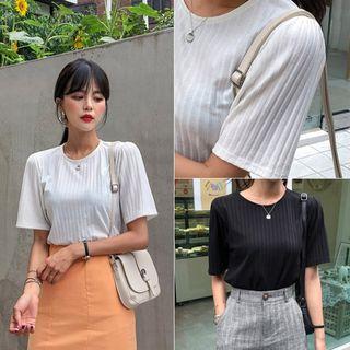 Puff-shoulder Ribbed T-shirt