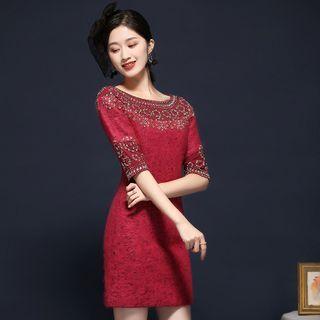 Short-sleeve Embellished Mini Dress