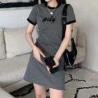 Short-sleeve Lettering Mini Dress Gray - One Size