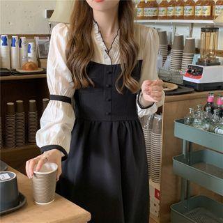 Color-block V-neck Long-sleeve Dress Black - One Size