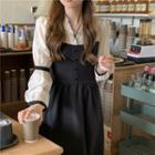 Color-block V-neck Long-sleeve Dress Black - One Size