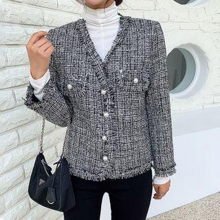 Fringe-trim Fuax-pearl Buttoned Jacket