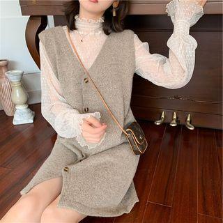 Turtleneck Bell-sleeve Dotted Lace Top