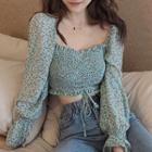 Long-sleeve Square-neck Floral Crop Top