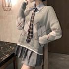 Argyle Sweater / Shirt With Tie / Mini Pleated A-line Skirt