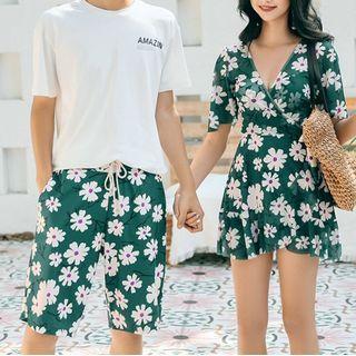 Couple Matching Short Sleeve V-neck Floral Print Swimdress / Swim Shorts