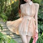 Sleeveless Mini Shirt Dress Pink - One Size