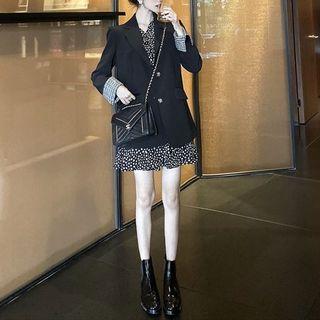 Single-breasted Blazer / Long-sleeve Floral Print Mini A-line Dress / Set