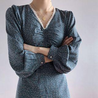 Lace-trim Shirred-front Long Floral Dress