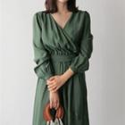 Long-sleeve V-neck Midi Dress Dark Green - One Size