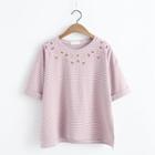 Flower Embroidered Striped Short Sleeve T-shirt